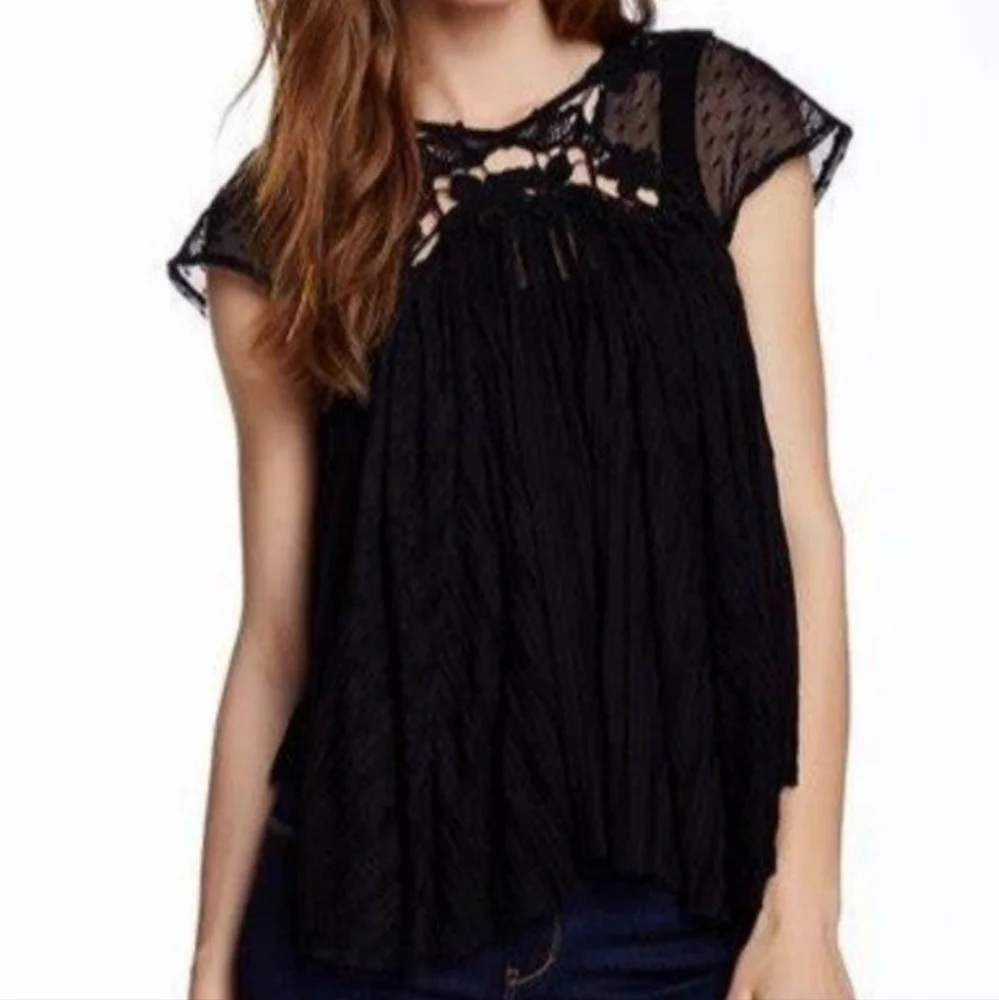 Free people Cutwork Gauze Witchy Girly Black Flowy Small Blouse Top